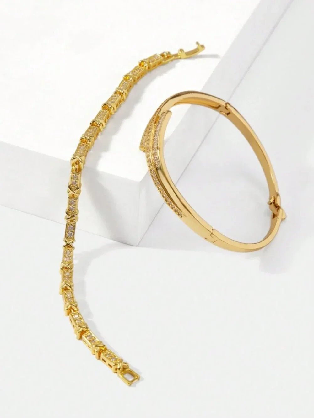 Gold Baguette Crystal Bangle & Tennis Bracelet Set